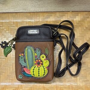 Chala Black and Brown Crossbody with Cactus Motif Cellphone Holder